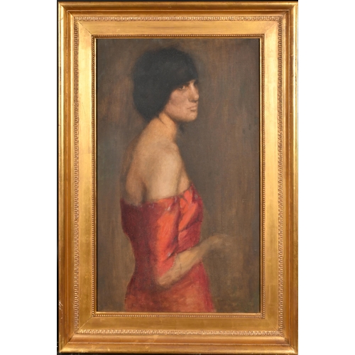 253 - Early 20th Century English School. A Half Length Portrait of a Lady in a Red Dress, Oil on canvas, 3... 