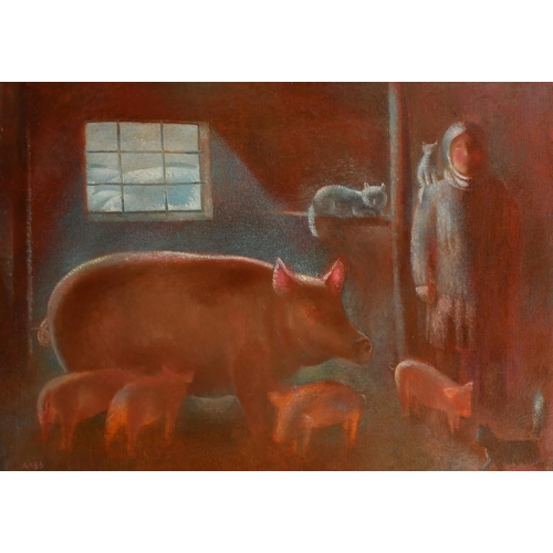 264 - A M Lopatinkov (1948-    ) Russian. Pigs in a Barn, Oil on canvas, Signed with initials AA and dated... 