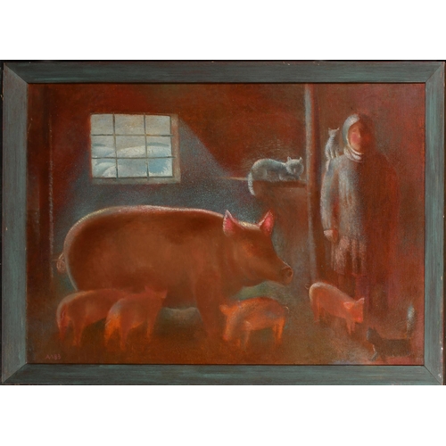 264 - A M Lopatinkov (1948-    ) Russian. Pigs in a Barn, Oil on canvas, Signed with initials AA and dated... 