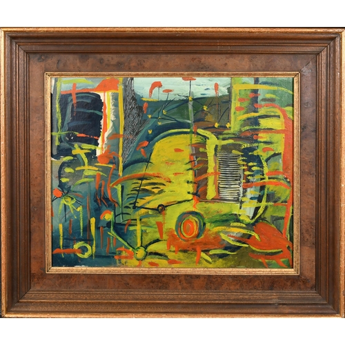 266 - 20th Century European School. A Tractor in an Abstract Composition, Oil on canvas, 15.75