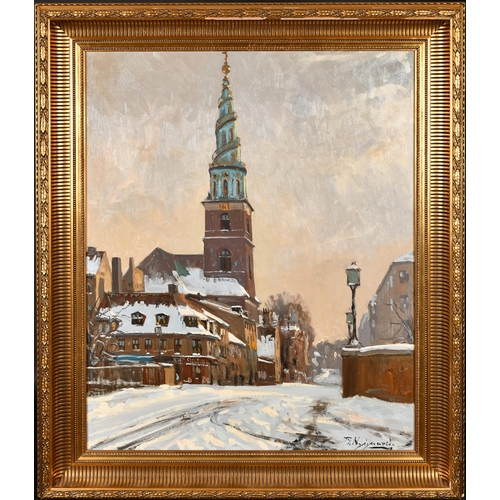 281 - Thorvald Nygaard (1892-1973) Danish. A Winter Street Scene with the Church of Our Saviour, Copenhage... 