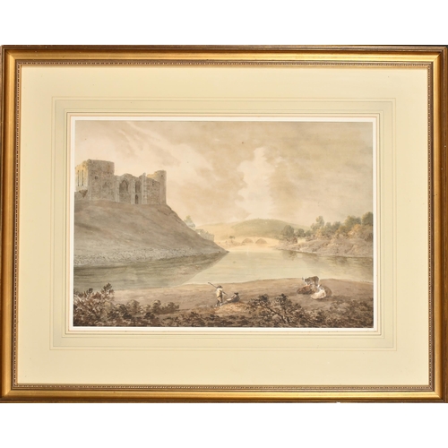 30 - Attributed to Francis Nicholson (1753-1844) British. Figures and Cattle by a River with a Castle in ... 