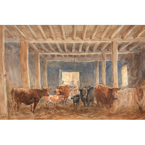 32 - David Cox (1783-1859) British. Cattle in a Barn Interior, Watercolour, Signed and dated 1843, and in... 