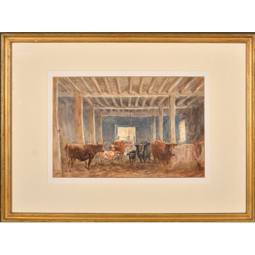 32 - David Cox (1783-1859) British. Cattle in a Barn Interior, Watercolour, Signed and dated 1843, and in... 