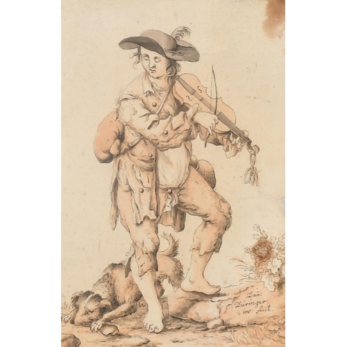 35 - Daniel Duringer (1720-1786) Swiss. A Fiddler, Ink and wash, Signed and inscribed, 7.75