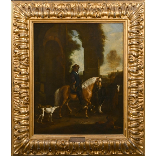 55 - Circle of Hendrik Verschuring (1627-1690) Dutch. A Figure on Horseback with Dogs by his side, Oil on... 