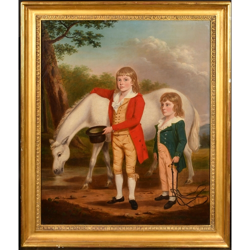 66 - Circle of David Allan (1744-1796) British. Two Boys and a Horse at a Watering Hole, Oil on canvas, 3... 