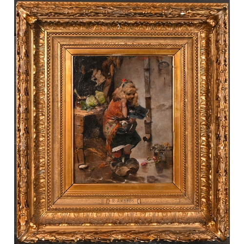 105 - Raphael von Ambros (1855-1895) Czech. Holding the Kittens, Oil on panel, Signed, inscribed 'Paris' a... 