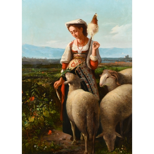 110 - B Amici (19th Century) Italian. A Shepherdess Weaving Wool, Oil on canvas, Signed and inscribed 'Rom... 