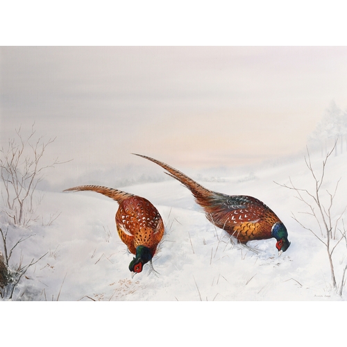 131 - Bernadette Bawol (1945-    ) British. Pheasants in a Snow Covered Landscape, Oil on canvas, Signed, ... 