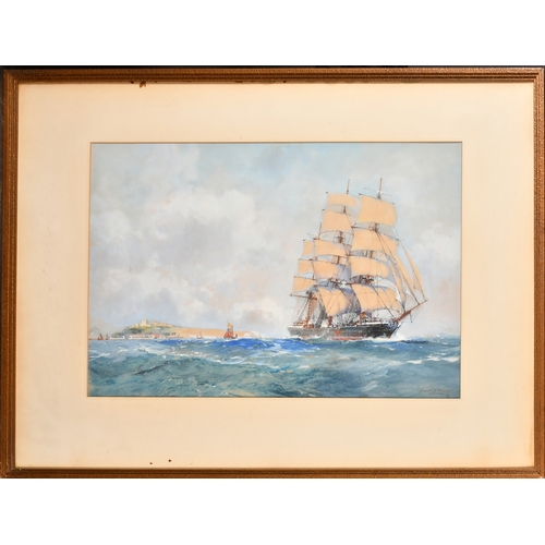 137 - Frank Henry Mason (1875-1965) British. A Three Masted Ship off the Coast, with Dover Castle in the d... 