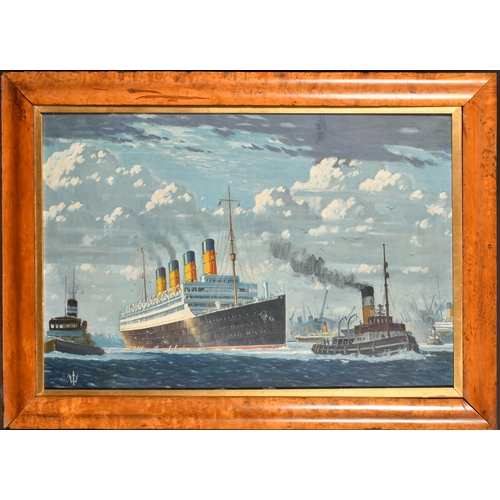 154 - 20th Century English School. A Steam Liner, Oil on canvas, Signed with a trident symbol, In a maple ... 