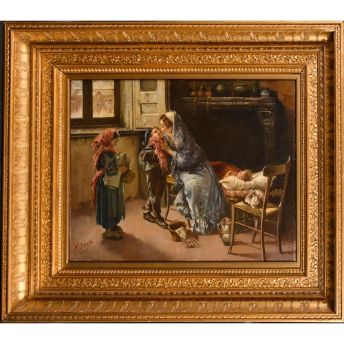 230 - Vincenzo Irolli (1860-1949) Italian. A Mother and her Children in an Interior, Oil on canvas, Signed... 