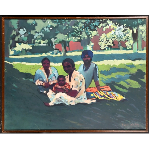 261 - 20th Century Spanish School. A Family Seated under a Tree, Oil on canvas, Indistinctly signed, 32