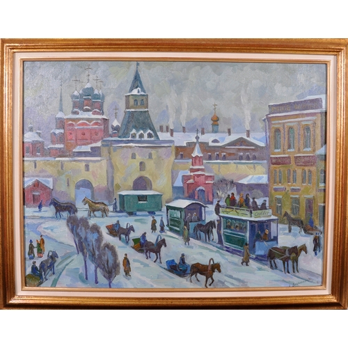 270 - Alexandre Zinkovsky (1946-    ) Russian. “The Old Moscow”, Figures in Horse Drawn Carriages in a Str... 