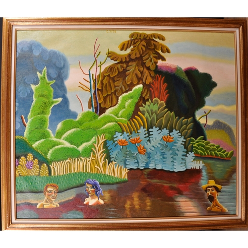 274 - Serguei Zouiev (1961-    ) Russian. “Bathing”, Figures Bathing in a Surreal Pond, Oil on canvas, Sig... 