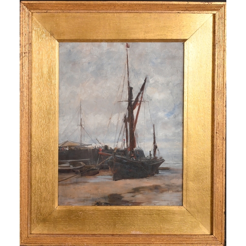 277 - Augustus Tulk (1853-c1897) British. A Moored Boat at Low Tide, Oil on board, Signed, 13.5