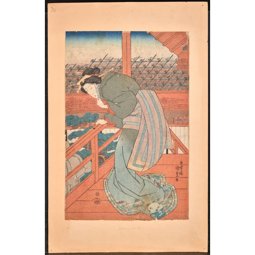 66 - Utagawa Kunisada (1823-1880) Japanese. A Lady on a Balcony, Woodcut, Inscribed on mount, Unframed 14... 