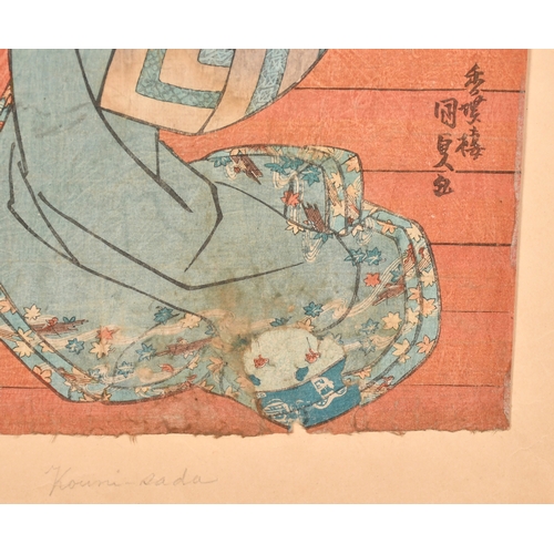 66 - Utagawa Kunisada (1823-1880) Japanese. A Lady on a Balcony, Woodcut, Inscribed on mount, Unframed 14... 