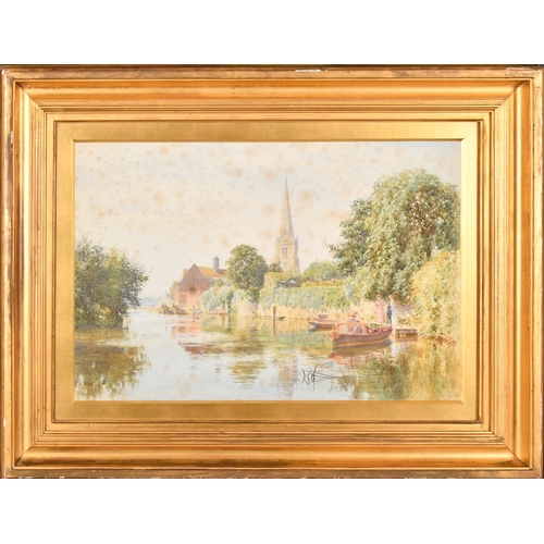 82 - Early 20th Century English School. A River Scene with Figures by Boats and a Church Spire in the dis... 