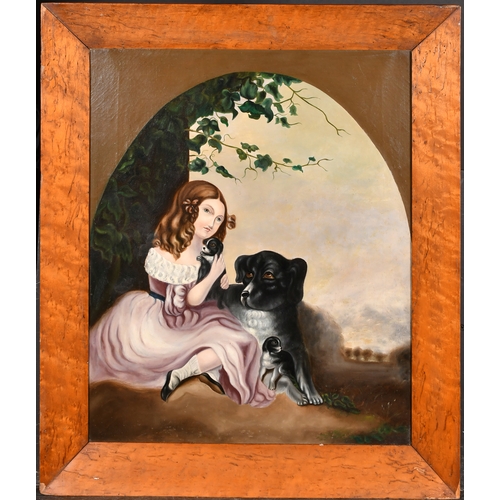 88 - 19th Century English School. A Primitive Portrait of a Girl with her Dog and Puppies, Oil on canvas,... 