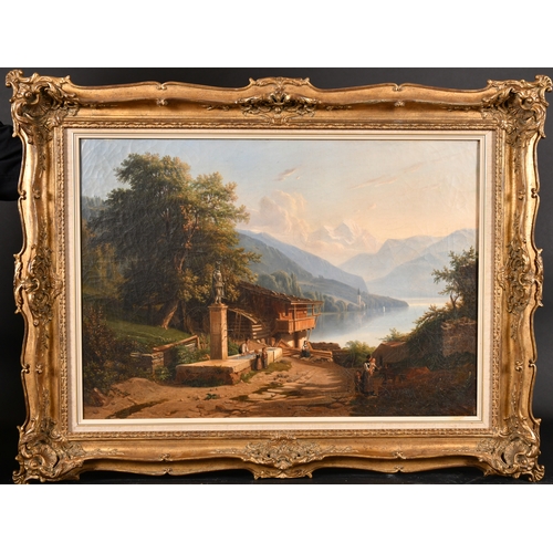 99 - Raymond Noel Esbrat (1809-1856) French. A Swiss Alpine Scene with Figures by a Chalet, Oil on canvas... 