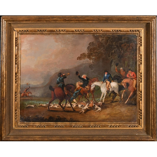 128 - Late 18th Century English School. A Hunting Scene, Oil on metal, 15.25