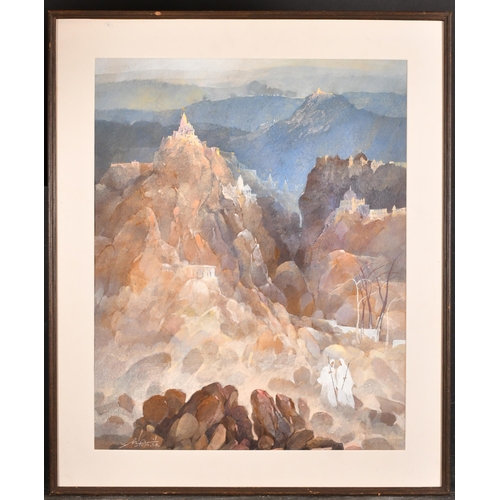 199 - 20th Century Indian School. Figures in a Mountainous Landscape, Watercolour, Indistinctly signed, 24... 