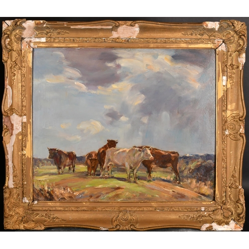 235 - Circle of John Alfred Arnesby Brown (1866-1955) British. Cattle in a Landscape, Oil on board, 20