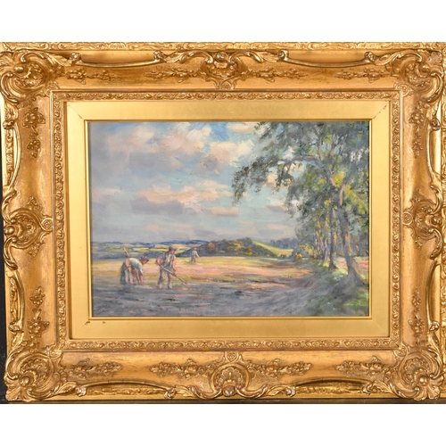 242 - John C Gray (1880-1951) British. Harvesting, Oil on canvas, Signed, 10