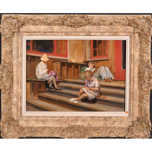 249 - Margaret Theyre (1897-1977) British. Figures Sitting on Steps, Oil on Panel, Inscribed on a label ve... 