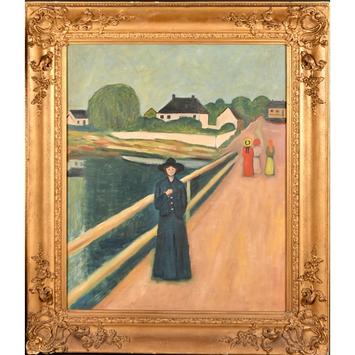 256 - Manner of Edvard Munch (1863-1944) Norwegian. A Figure on a Bridge, Oil on canvas, Inscribed verso, ... 