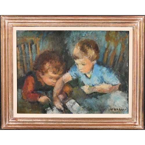 261 - V Barron (20th Century) British. Children Playing, Oil on board, Signed, 16.5