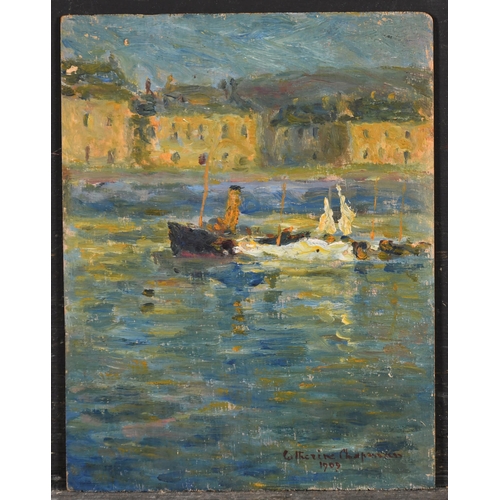 265 - Catherine M Chapman (19th-20th Century) American. An Impressionist Parisian River Scene, Oil on pane... 