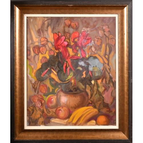 271 - Waldron West (20th Century) British. Still Life of Flowers and Fruit, Oil on canvas, Inscribed on th... 