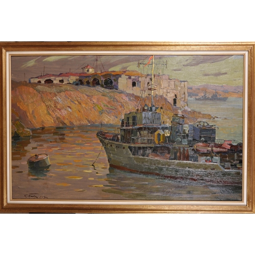 281 - Konstantin Alexandrovitch Prokhorov (1924-1997) Russian. “By the Old Fortress”, a moored boat in an ... 