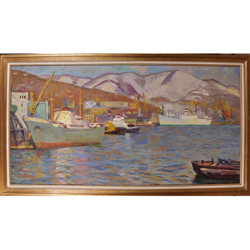 283 - Vitali Timofeevich Davidov (1923-2007) Russian. “In the Port”, moored vessels in the harbour, Oil on... 