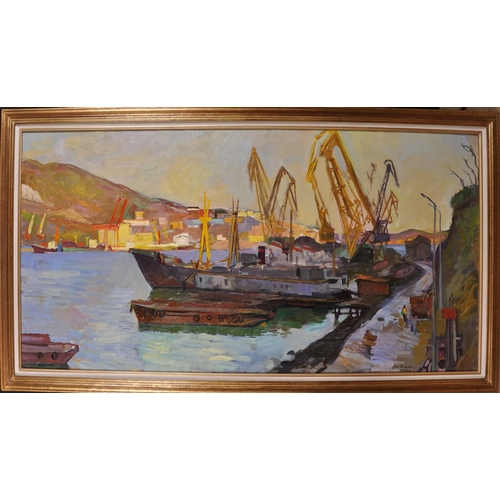 284 - Vitali Timofeevich Davidov (1923-2007) Russian. “Ships in Port”, with cranes loading a ship, Oil on ... 