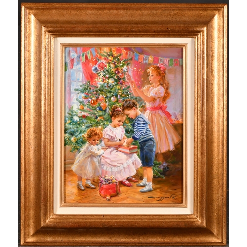 285 - Konstantin Razumov (1974-    ) Russian. “Decoration of the Christmas Tree”, with young children, Oil... 