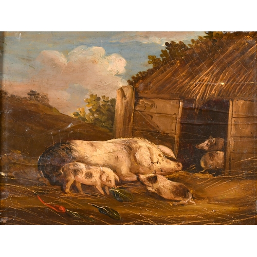 44 - After George Morland (1763-1804) British. A Pig and Piglets in a Sty, Oil on panel, 7.5