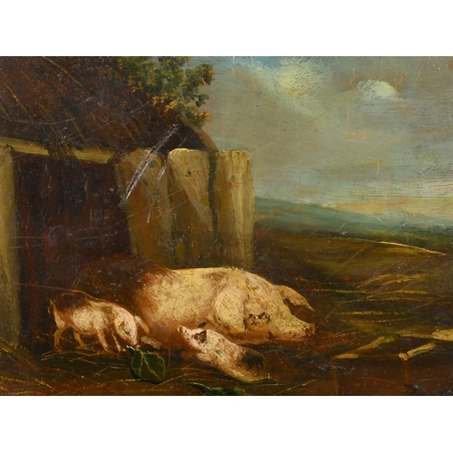 44 - After George Morland (1763-1804) British. A Pig and Piglets in a Sty, Oil on panel, 7.5