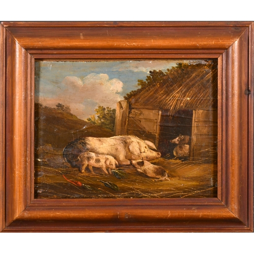 44 - After George Morland (1763-1804) British. A Pig and Piglets in a Sty, Oil on panel, 7.5