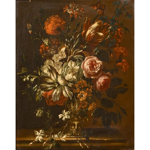 58 - J van der Rut (17th-18th Century) Dutch. Still Life of Flowers in a Silver Urn, Oil on canvas, Indis... 