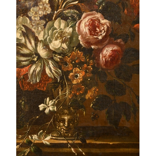 58 - J van der Rut (17th-18th Century) Dutch. Still Life of Flowers in a Silver Urn, Oil on canvas, Indis... 