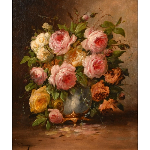 81 - M Janine (19th-20th Century) European. Still Life of Flowers in a Vase, Oil on canvas, Indistinctly ... 