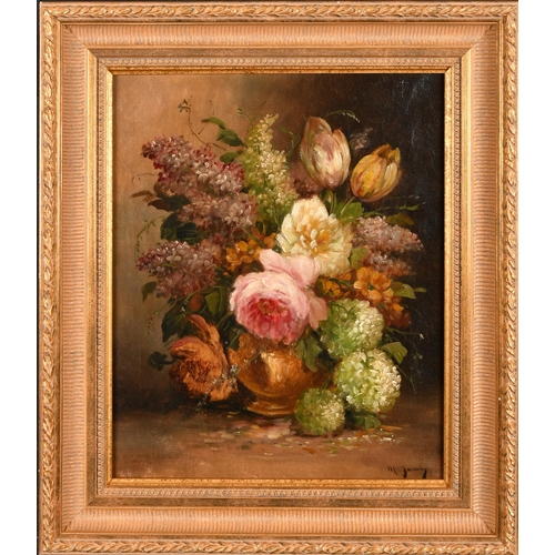 81 - M Janine (19th-20th Century) European. Still Life of Flowers in a Vase, Oil on canvas, Indistinctly ... 