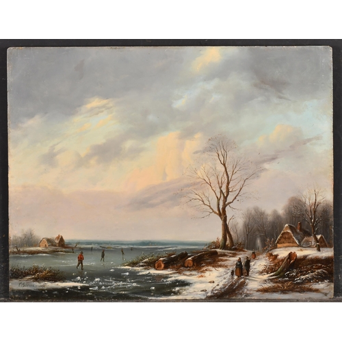 93 - C Bourne (19th Century) Dutch. A Winter Landscape with Figures Skating, Oil on panel, Signed and dat... 