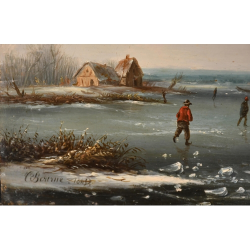 93 - C Bourne (19th Century) Dutch. A Winter Landscape with Figures Skating, Oil on panel, Signed and dat... 