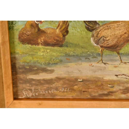 98 - Attributed to Albertus Verhoesen (1806-1881) Dutch. Chickens in a Yard, Oil on panel, Signed and dat... 