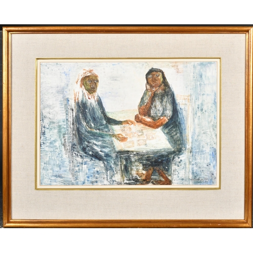 220 - Leonidas Gambartes (1909-1963) Argentinian. Figures at a Table, Oil on board, Incised signature, 12